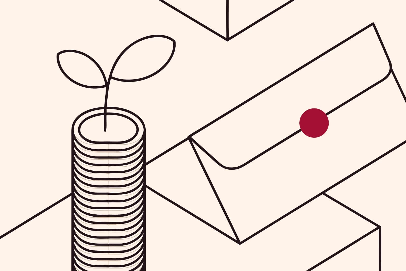 Line drawing of a seedling growing from a tall stack of coins beside a folder
