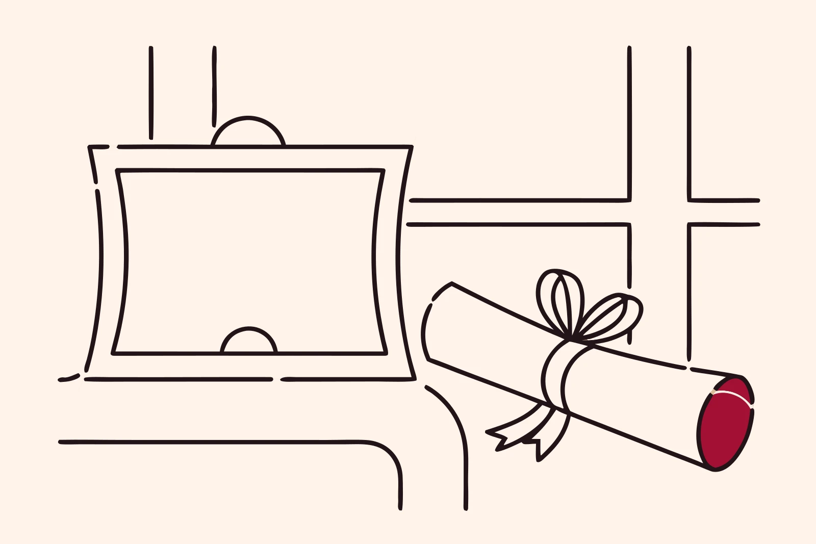 Line drawing of a framed diploma propped beside a rolled scroll tied with ribbon