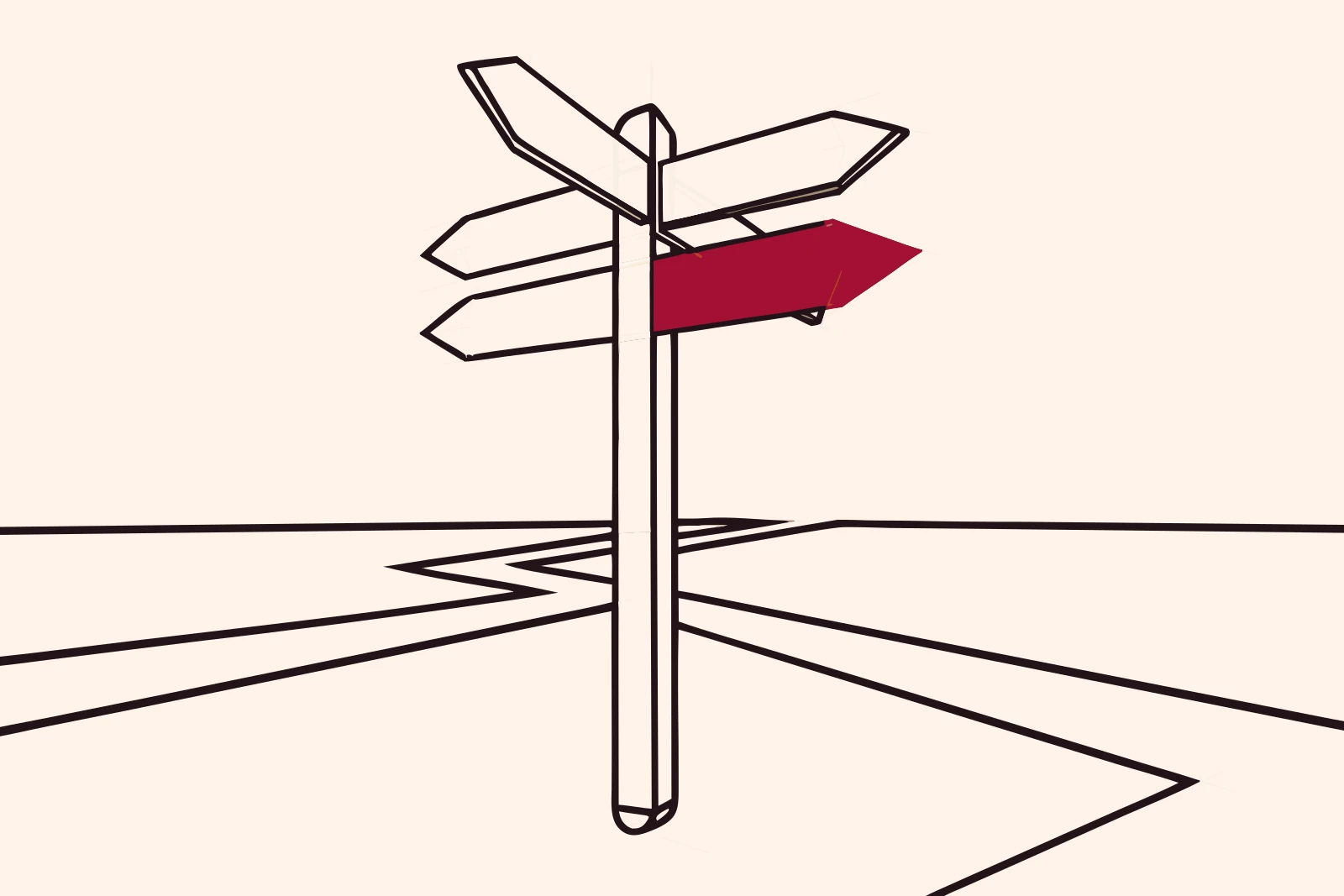 Line drawing of a fingerpost signpost with five blank arrow boards pointing different ways, a path forking behind it