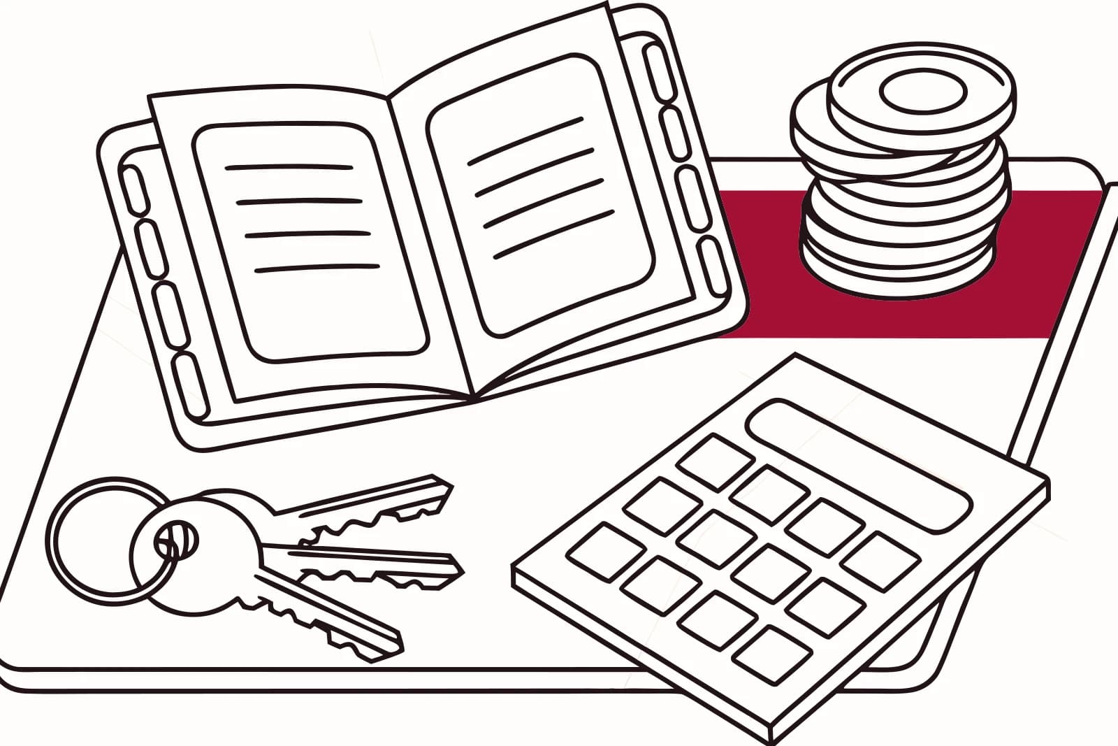 Line drawing of an open ledger with coins, door keys and a pocket calculator on a table