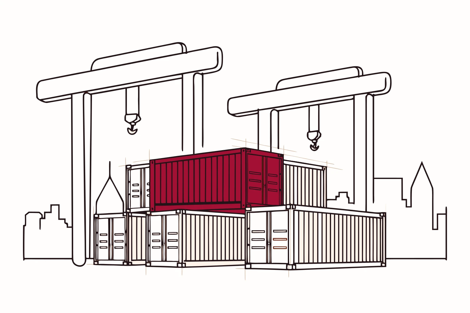 Line drawing of two gantry cranes above a stack of shipping containers, one filled red, a city skyline behind