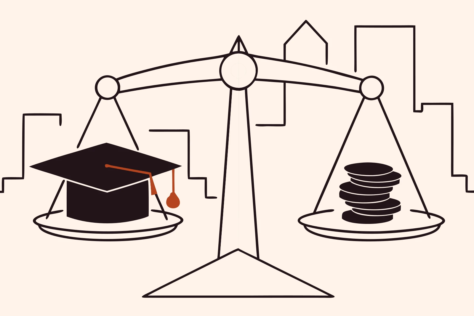 Line drawing of balance scales with a graduation cap on one pan and a stack of coins on the other, a city skyline outlined behind