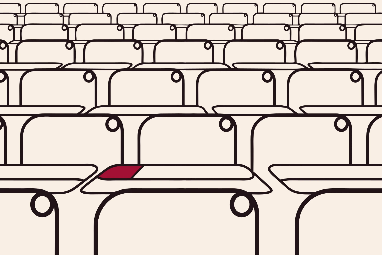 Line drawing of rows of empty tiered lecture-hall seating receding in perspective