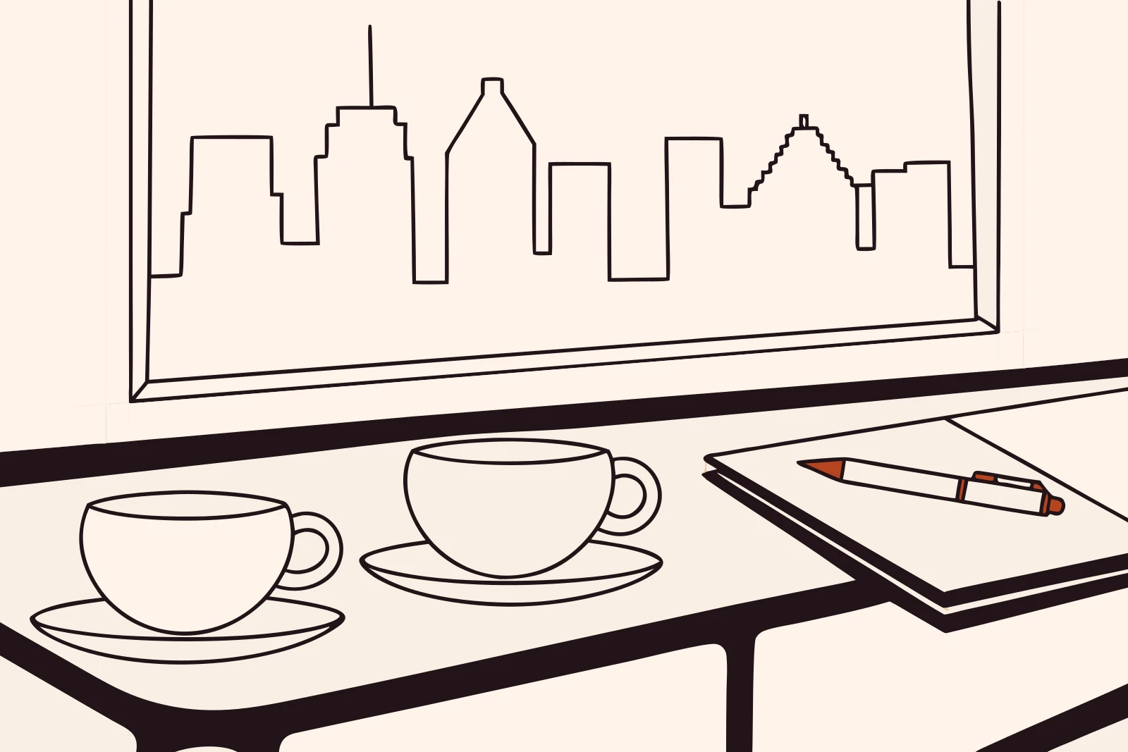 Line drawing of two coffee cups and an open notebook on a table beside a window onto a city skyline