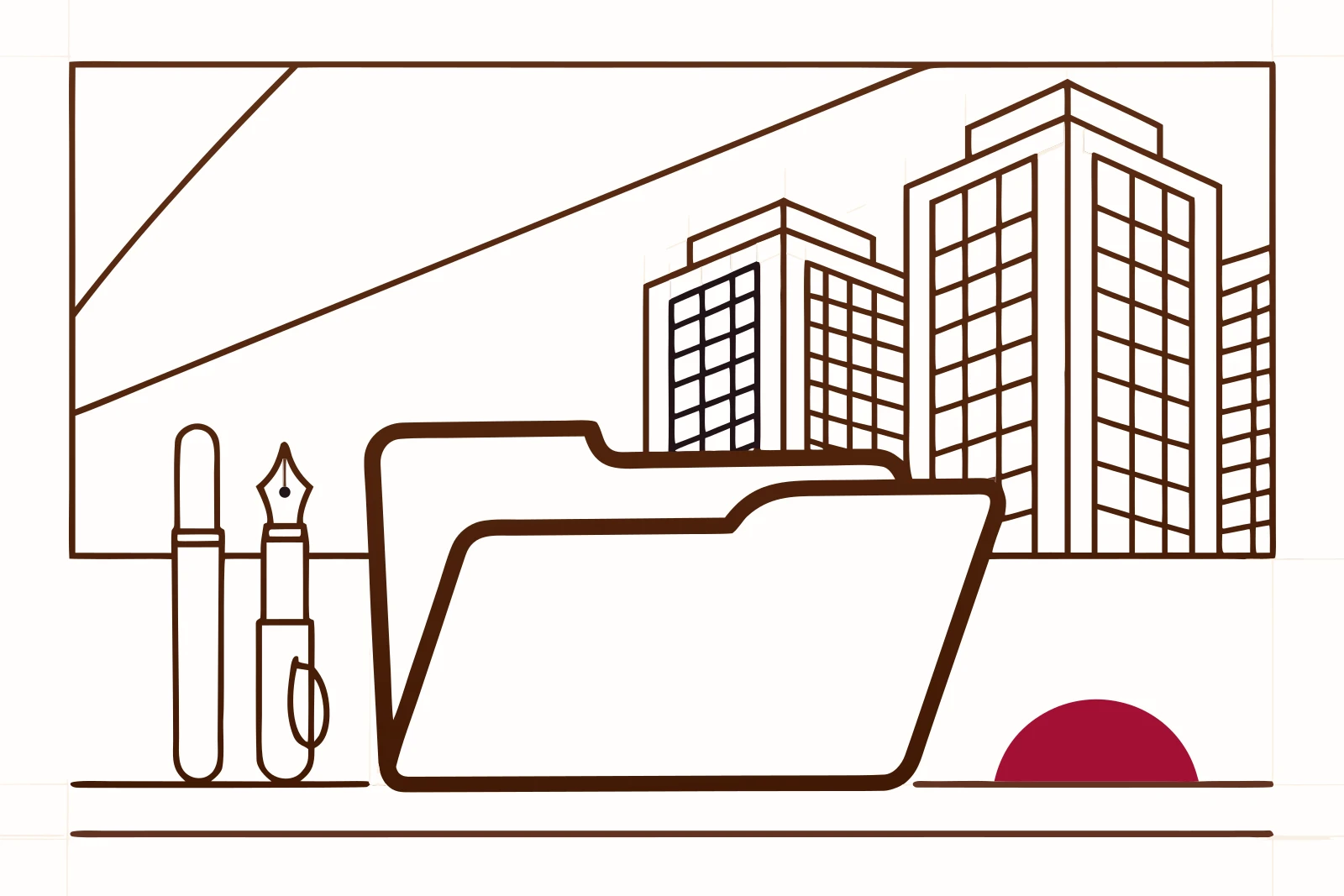 Line drawing of an open document folder and two fountain pens on a desk, city towers outlined through the window behind