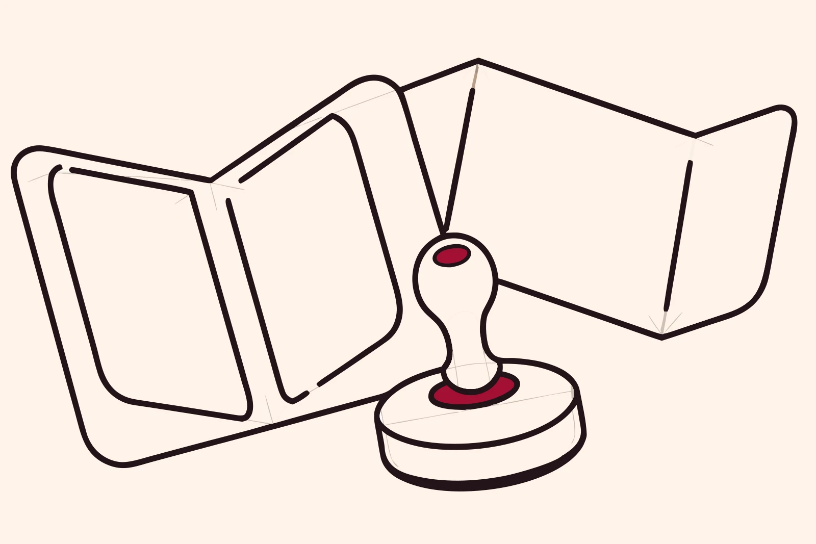 Line drawing of an open passport beside a rubber date stamp